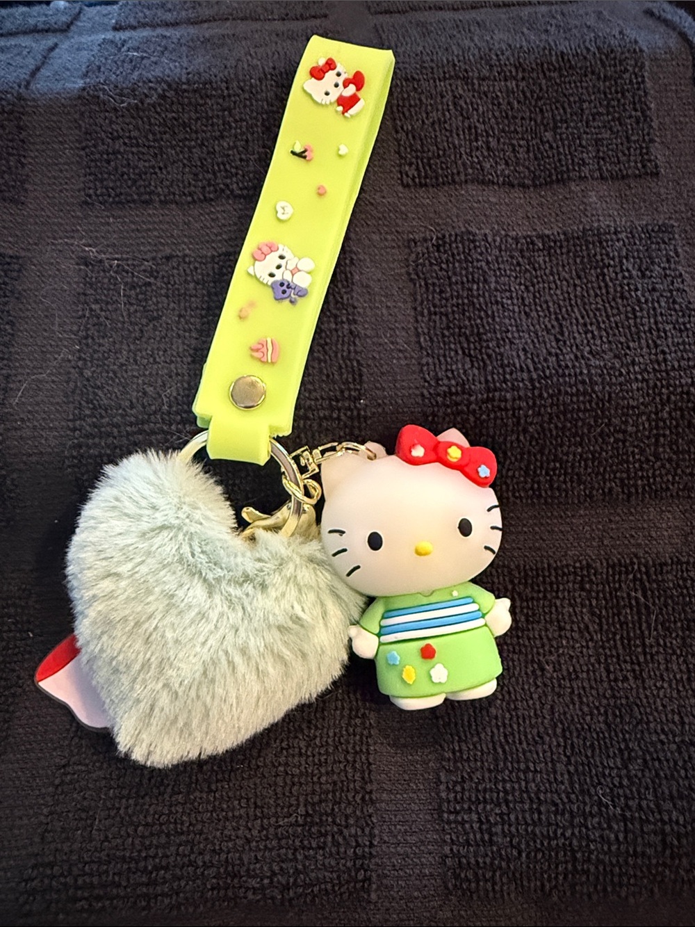 Hello Kitty Green Strap Keychain with Plush Heart and Red Bow